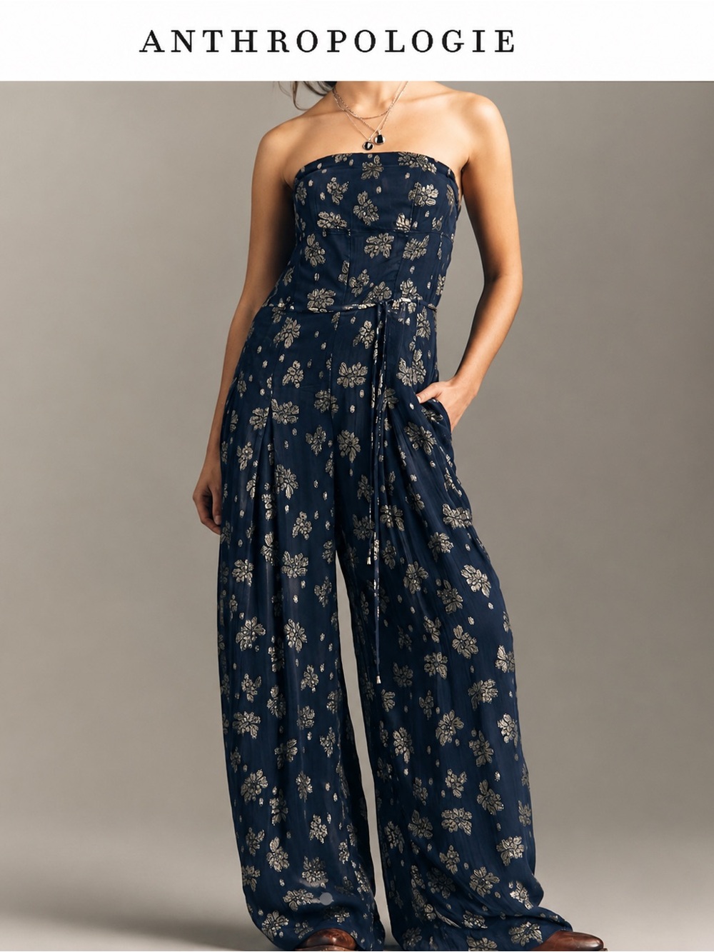 Anthropologie Strapless Wide Leg Boho Jumpsuit Navy Floral Resort Romper